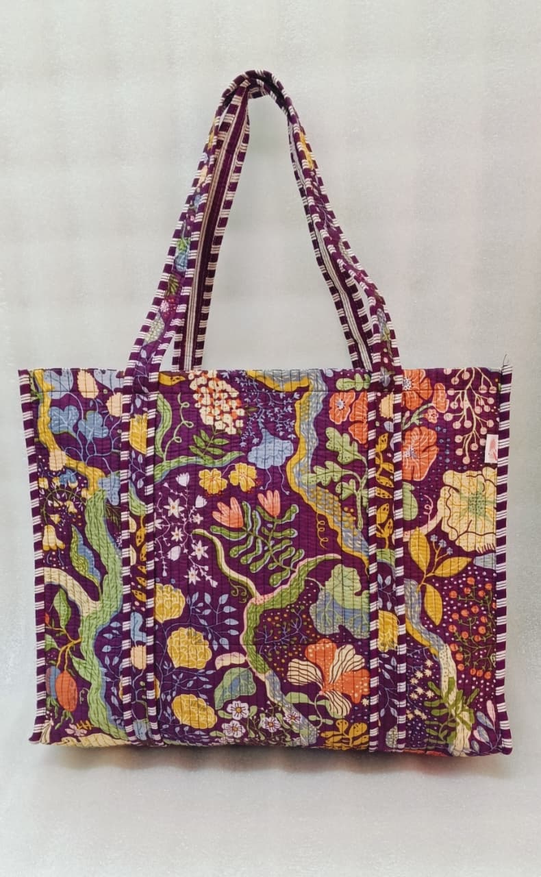 Handblock Printed Quilted Tote Bag without zip/button 17x18x 6 inches