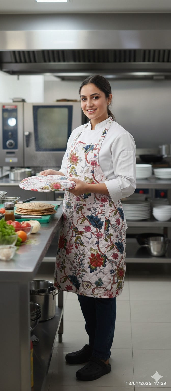 Cotton Unisex 1 Apron with 2 Microwave Gloves, 1 Roti Cover & 1 Microwave Pot Holder Trivets