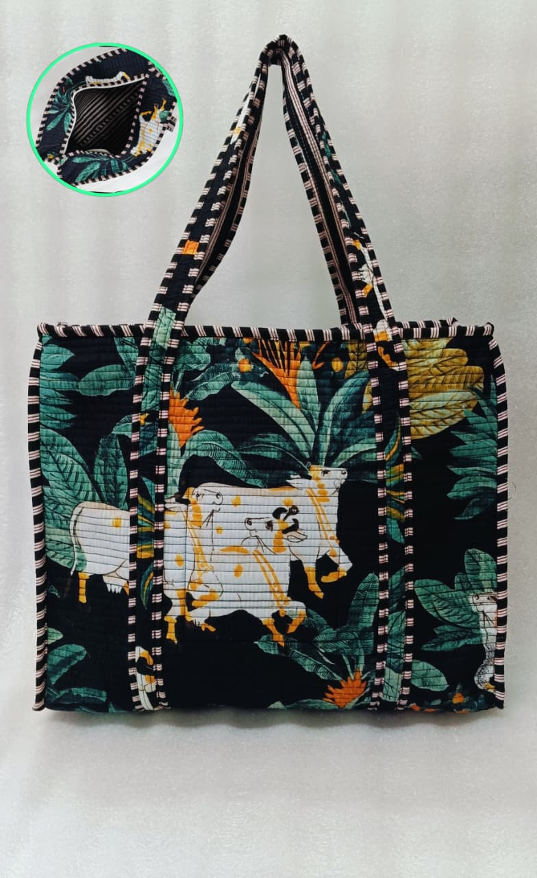 Handblock Printed Quilted Tote Bag with concealed zip ( 17x18x 6 inches)