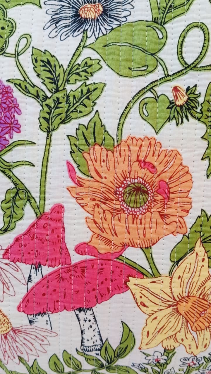 Handblock Printed Quilted Tote Bag without zip/button 17x18x 6 inches