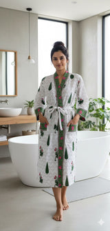Waffle Cotton Handblock Printed Unisex Bathrobe - Free Size