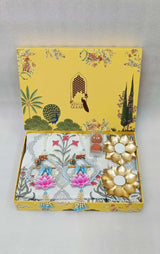 Diwali Gift Box | 1 Super Soft Percale Bedsheet, 1 Pair Door Hanging, 2 Metal Diyas, 2 Laddoo Candles