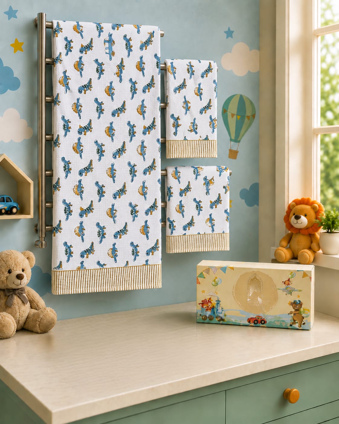 Kids Gift Set - Handblock Printed Towels - 1 Bath + 2 Hand Towels