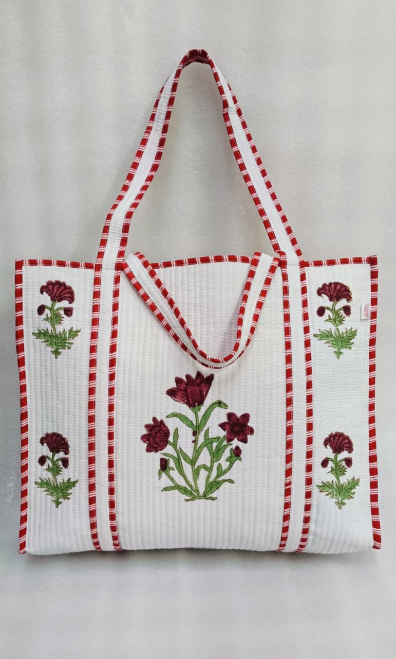 Classic White Block Printed Quilted Tote Bag without zip/button 17x18x 6 inches