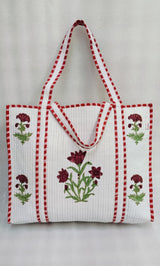 Classic White Block Printed Quilted Tote Bag without zip/button 17x18x 6 inches