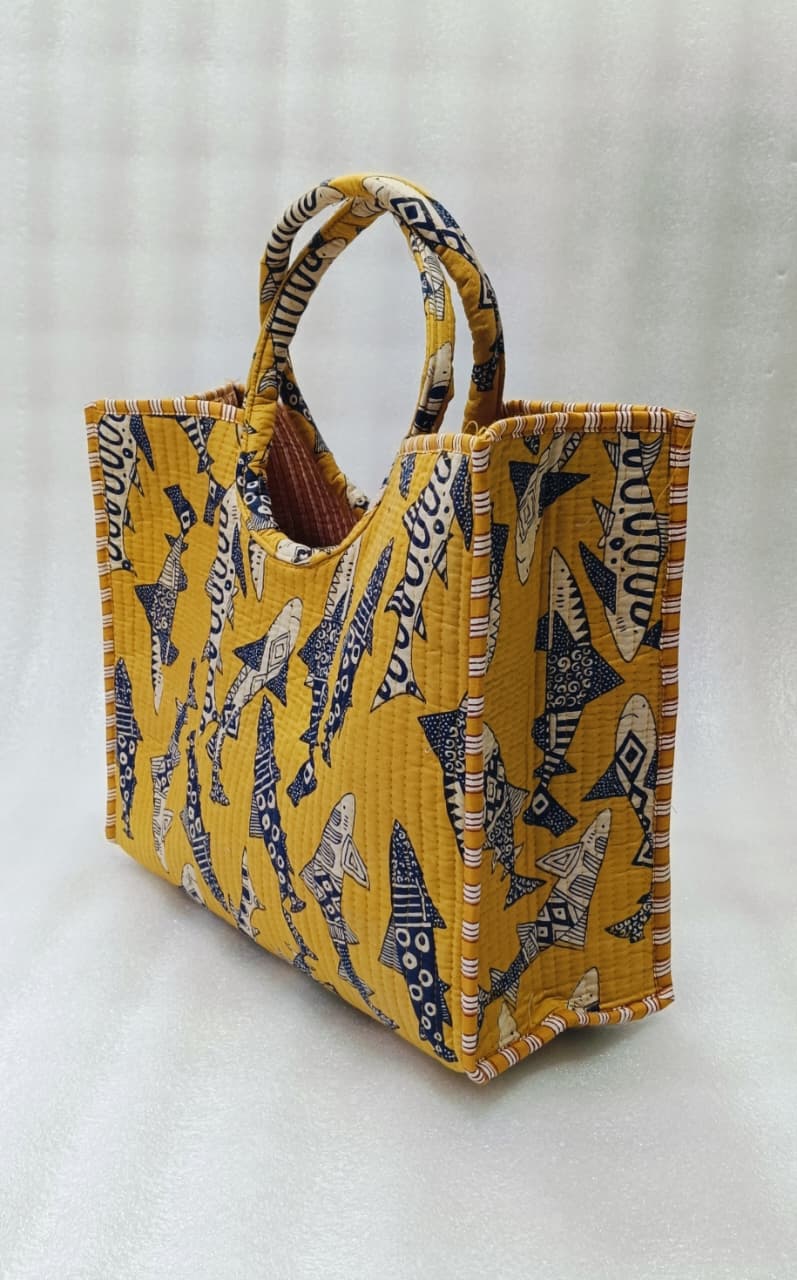 Handblock Printed Cotton Tote Bag with Unique Moon-Shaped Handle- 14x14x6 inches