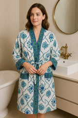 Waffle Cotton Handblock Printed Unisex Bathrobe - Free Size