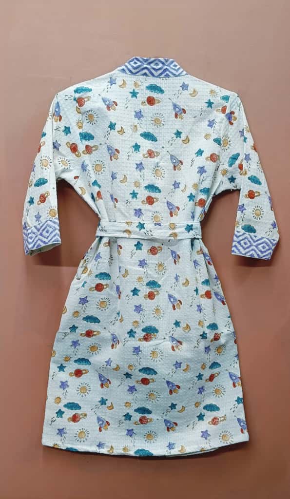 Handblock printed waffle cotton bathrobe for kids - 4-13 years old