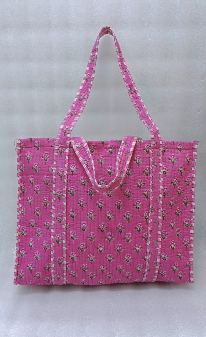 Handblock Printed Quilted Tote Bag without zip/button 17x18x 6 inches