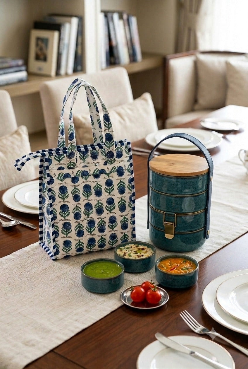Handblock Printed Insulated Lunch Bag in Canvas Cotton with Zipper Closure (10*14*5  inches)
