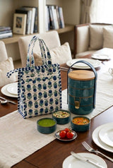 Handblock Printed Insulated Lunch Bag in Canvas Cotton with Zipper Closure (10*14*5  inches)