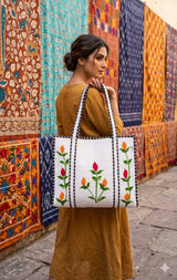 Hand-Painted Floral Tote Bag – Double-Sided Artisan Cotton Tote | Spacious Everyday Carry Bag (No Zip)- 17x18x6 inches