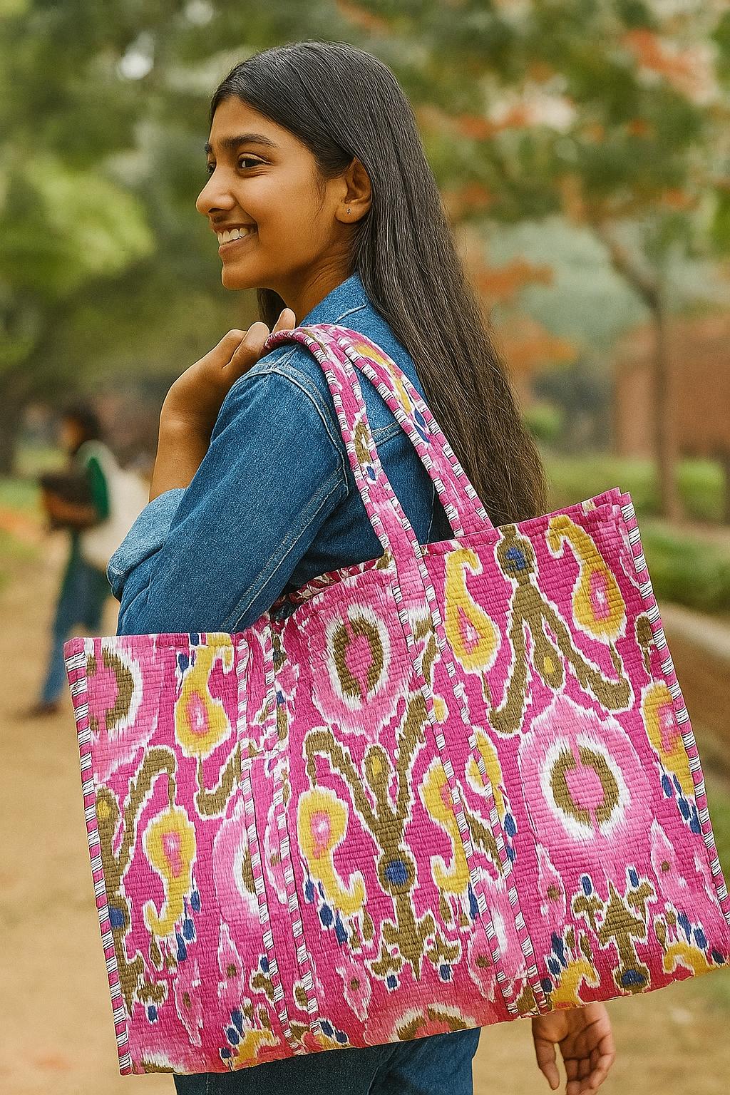 Handblock Printed Quilted Tote Bag without zip/button 17x18x 6 inches