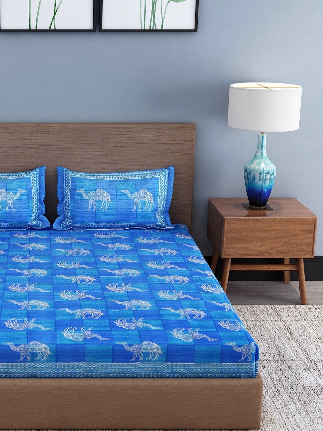 Blue Geometric   Cotton 1 King Bedsheet with 2 Pillow Covers