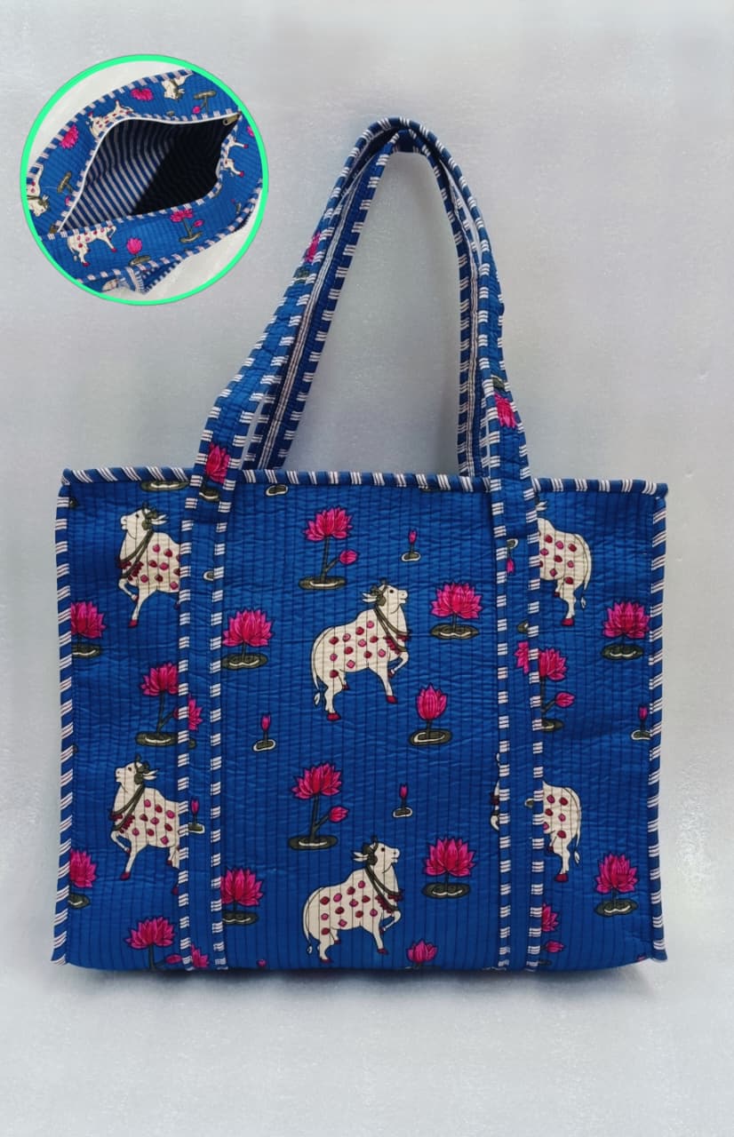 Handblock Printed Quilted Tote Bag with concealed zip ( 17x18x 6 inches)