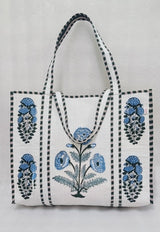 Classic White Block Printed Quilted Tote Bag without zip/button 17x18x 6 inches