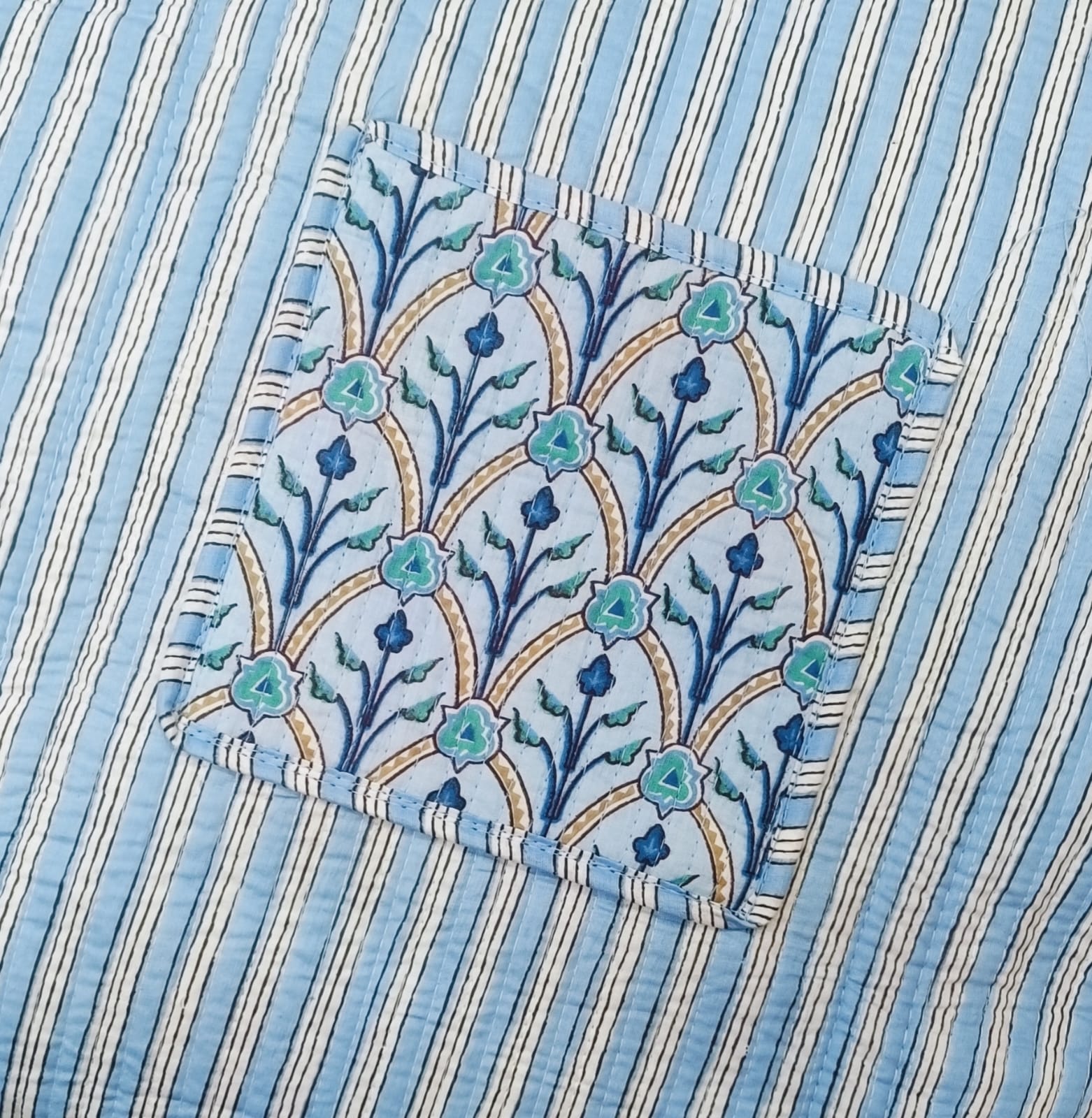 Handblock Printed Quilted Tote Bag without zip/button 17x18x 6 inches