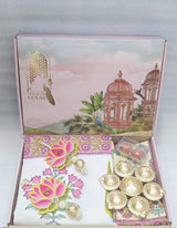 Diwali Gift Box | 1 Double Bedsheet, 1 Pair Door Hanging, 1 Metal Urli, 2 Laddoo Candles