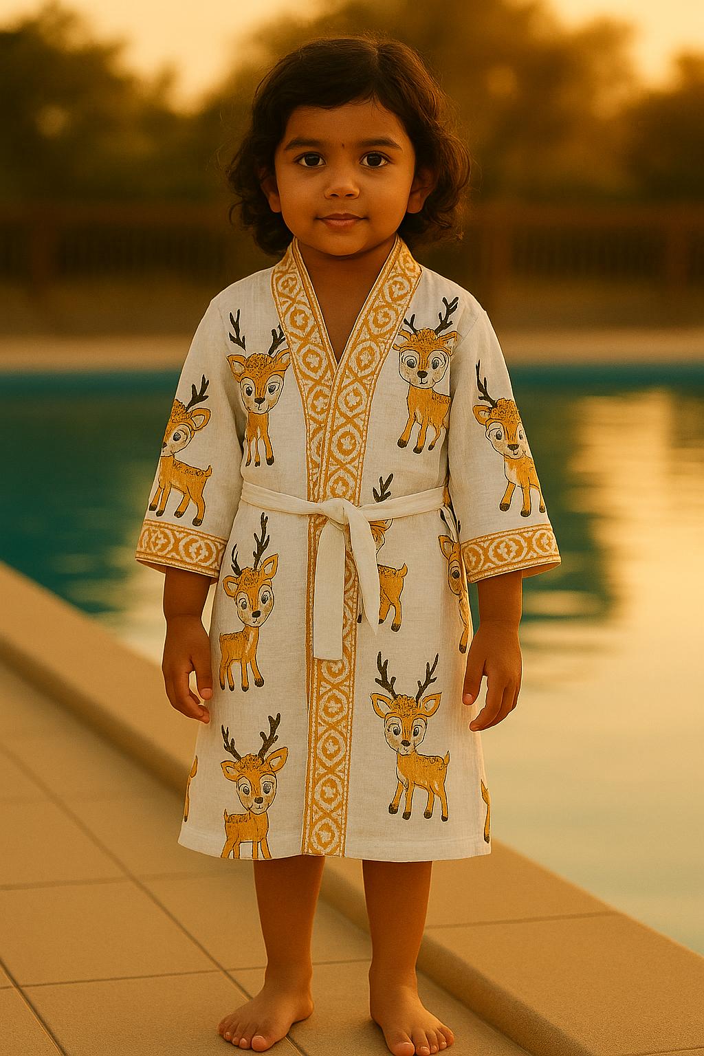 Handblock printed waffle cotton bathrobe for kids - 4-13 years old