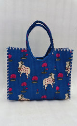 Handblock Printed Cotton Tote Bag with Unique Moon-Shaped Handle- 14x14x6 inches