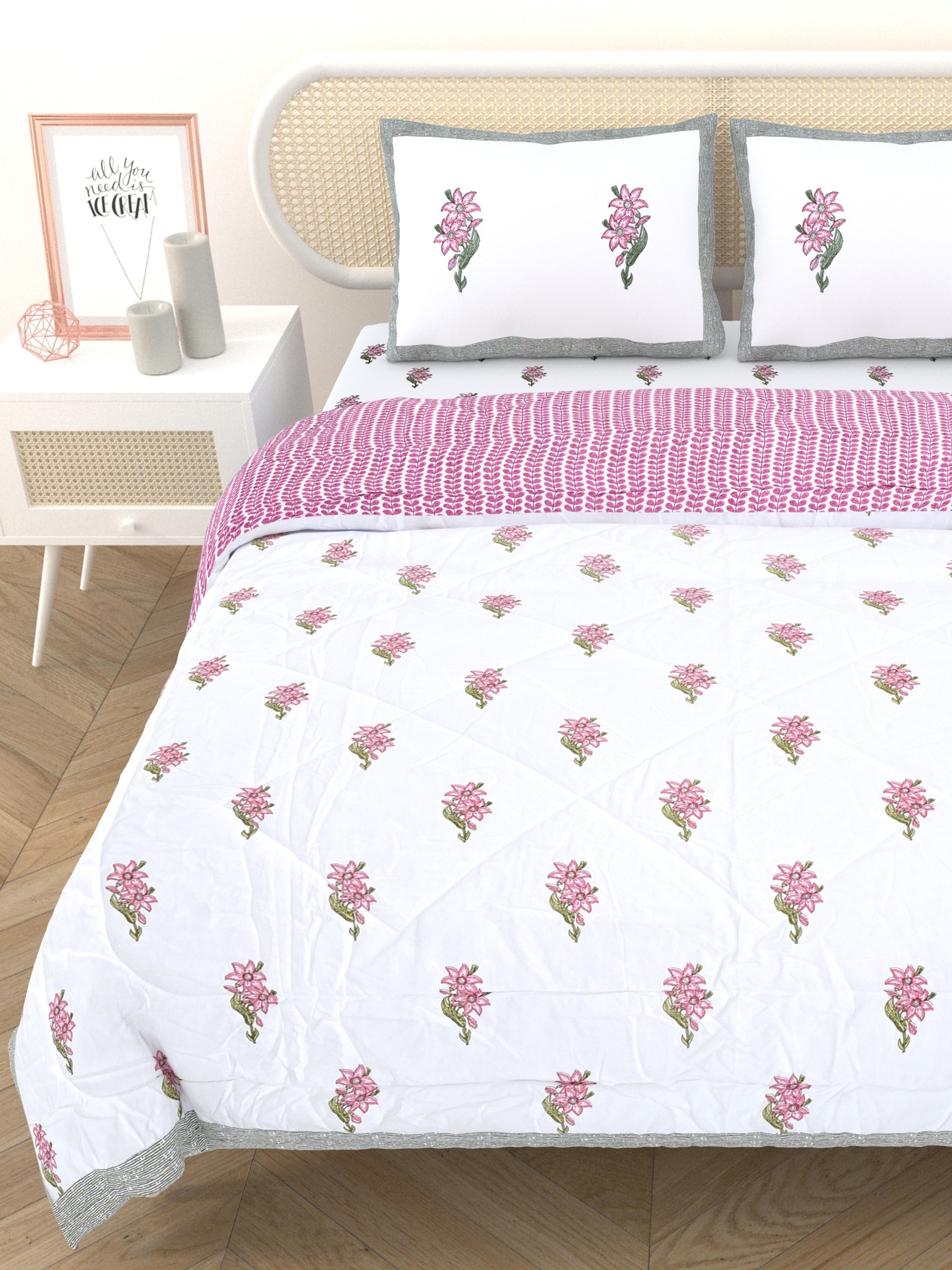 Floral Printed Bedding Set - 1 King Bedsheet, 1 Jaipuri Razai/Quilt, 2 Pillow Covers