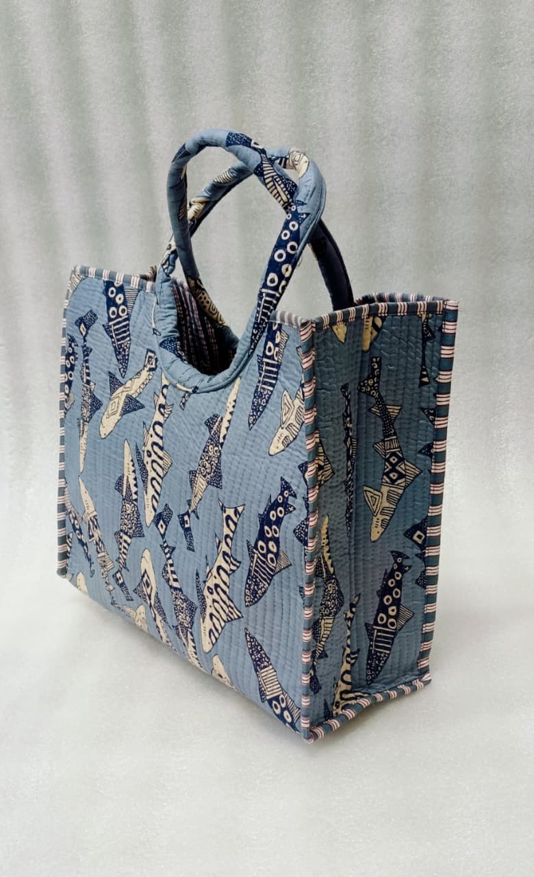 Handblock Printed Cotton Tote Bag with Unique Moon-Shaped Handle- 14x14x6 inches