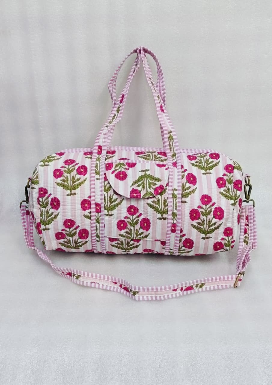 Block Printed Quilted Duffle Bag with Concealed Zip