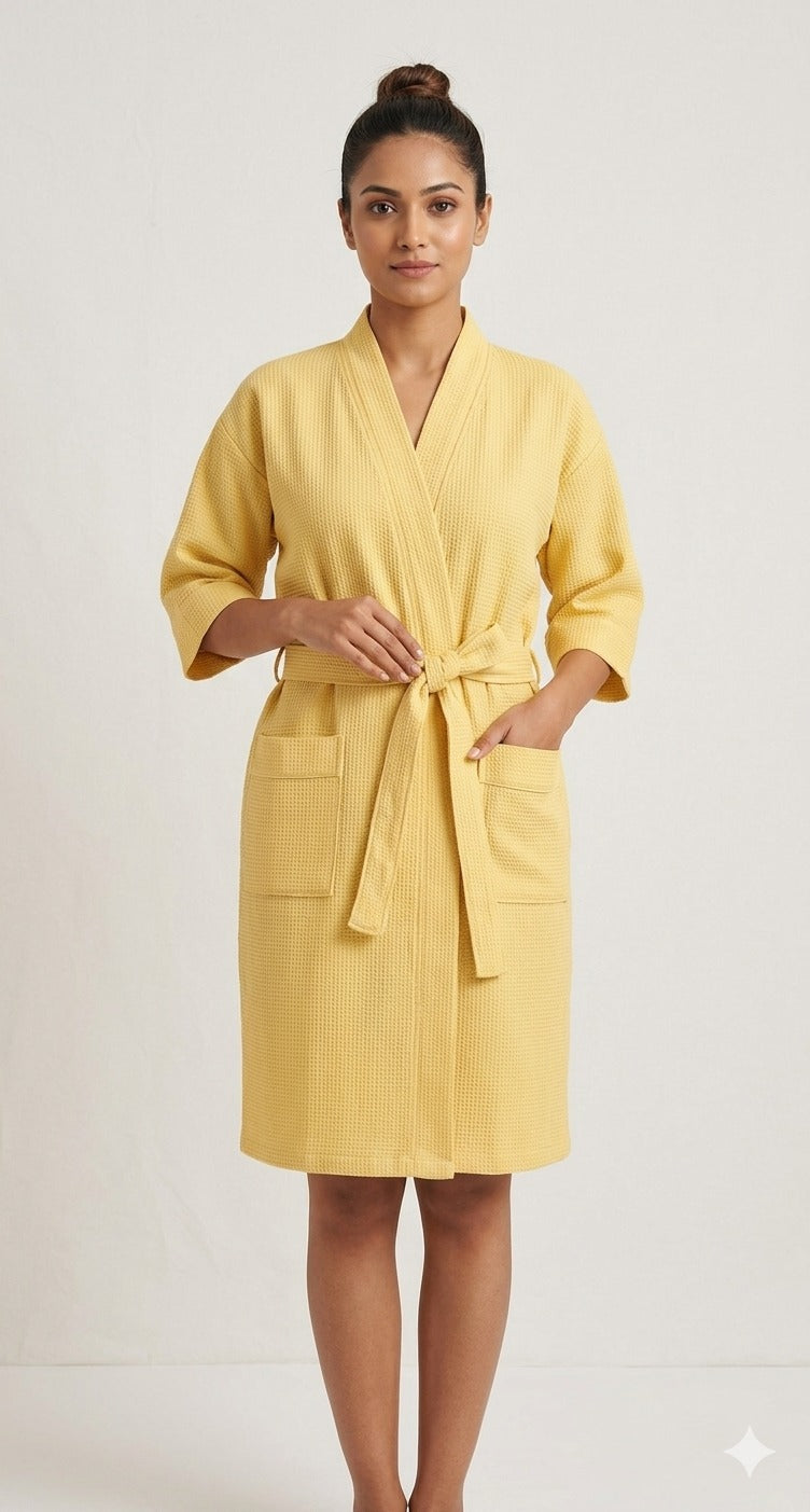 Waffle Cotton Premium Plain Style Unisex Bathrobe - Free Size