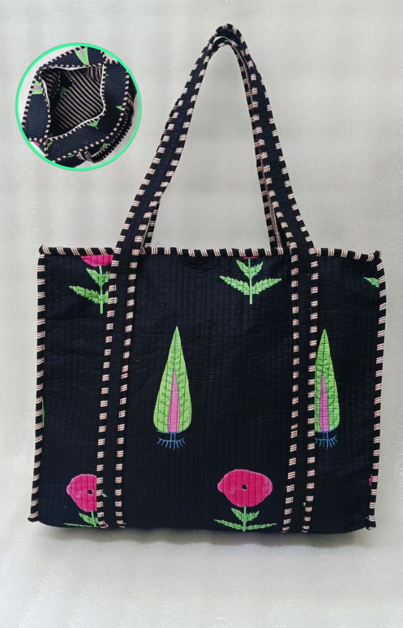 Handblock Printed Quilted Tote Bag with concealed zip ( 17x18x 6 inches)