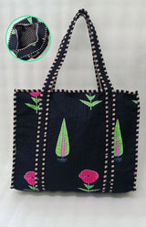 Handblock Printed Quilted Tote Bag with concealed zip ( 17x18x 6 inches)