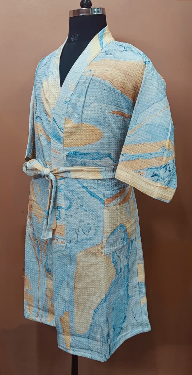 Unisex Marble Print Waffle Cotton Bathrobe- Free Size