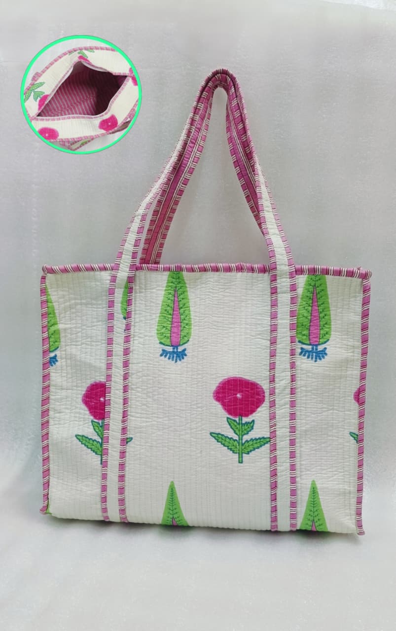 Handblock Printed Quilted Tote Bag with concealed zip ( 17x18x 6 inches)