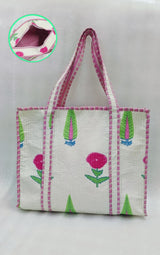 Handblock Printed Quilted Tote Bag with concealed zip ( 17x18x 6 inches)