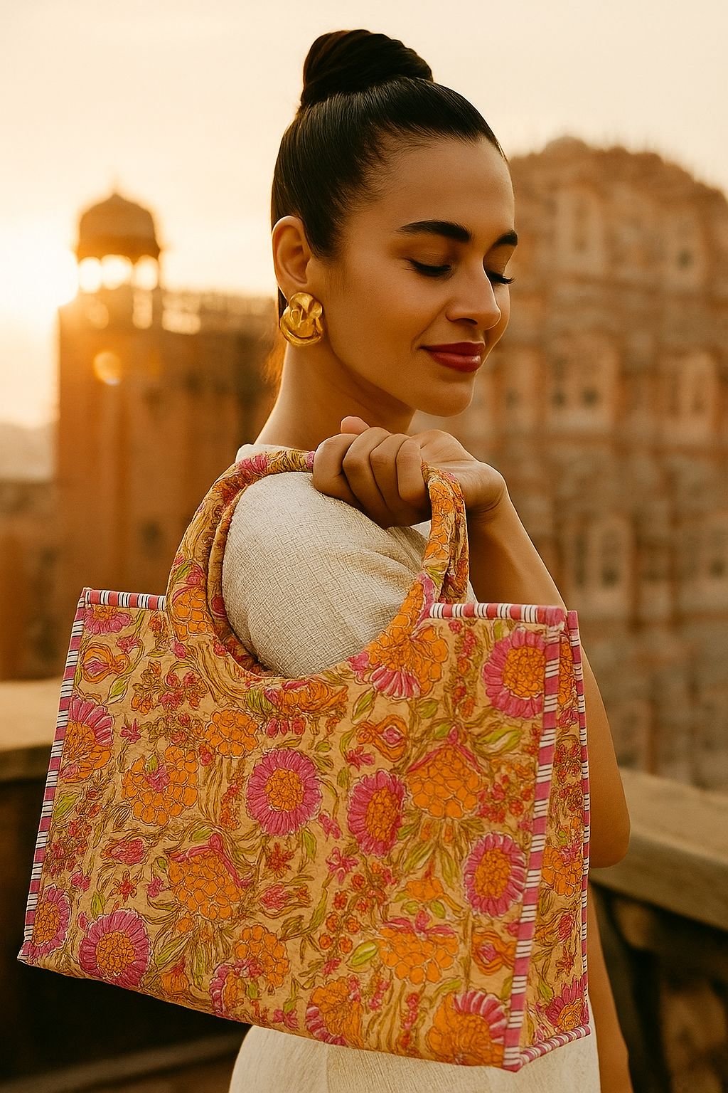 Handblock Printed Cotton Tote Bag with Unique Moon-Shaped Handle- 14x14x6 inches