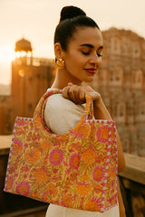 Handblock Printed Cotton Tote Bag with Unique Moon-Shaped Handle- 14x14x6 inches