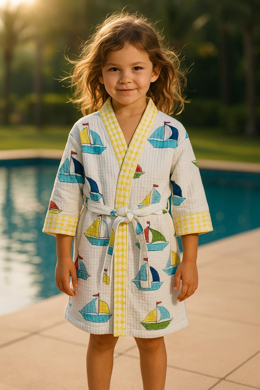 Handblock printed waffle cotton bathrobe for kids - 4-13 years old
