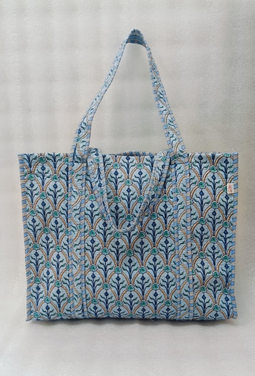Handblock Printed Quilted Tote Bag without zip/button 17x18x 6 inches