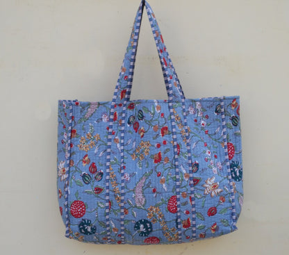 Handblock Printed Quilted Tote Bag without zip/button 17x18x 6 inches