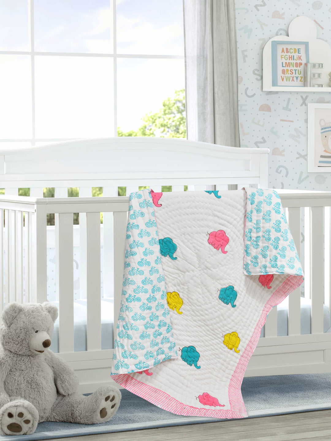 Handblock Printed Cotton Reversible Crib Blanket for Babies - 40X60 Inches