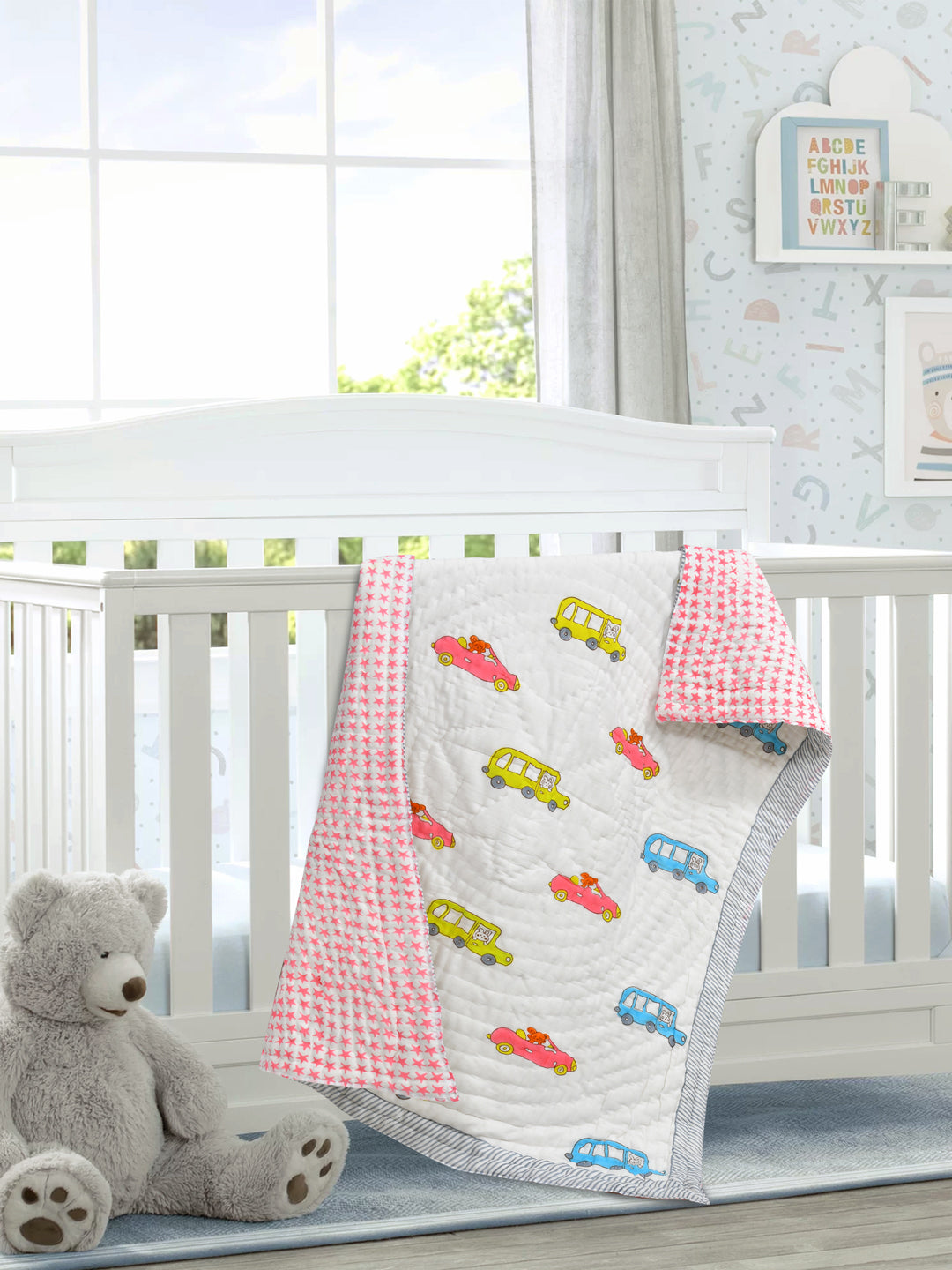 Handblock Printed Cotton Reversible Crib Blanket for Babies - 40X60 Inches