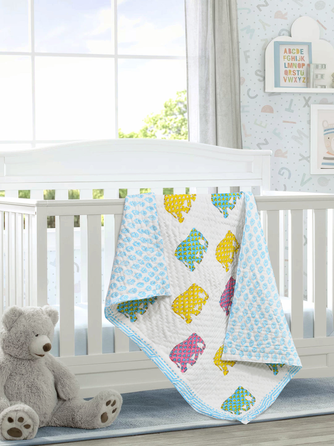 Handblock Printed Cotton Reversible Crib Blanket for Babies - 40X60 Inches