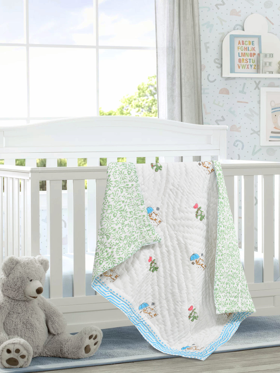 Handblock Printed Cotton Reversible Crib Blanket for Babies - 40X60 Inches