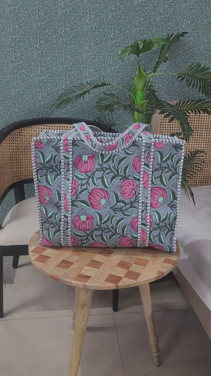 Handblock Printed Quilted Tote Bag with concealed zip ( 17x18x 6 inches)