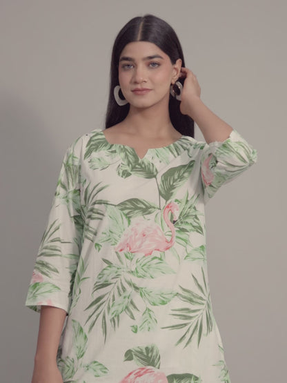 Green Tropical Floral & Flamingo Motifs on White Cotton Lounge Set for Women