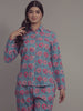 Floral Print on Blue Cotton Shirt Set for Women