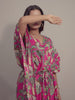 Tropical Pink Print on Green Cotton Kaftan Top Pant Set
