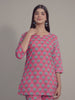 Blue Floral Motifs on Pink Cotton Lounge Set for Women