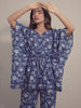 Blue Floral Motifs on Blue Cotton Kaftan Top Pant Set