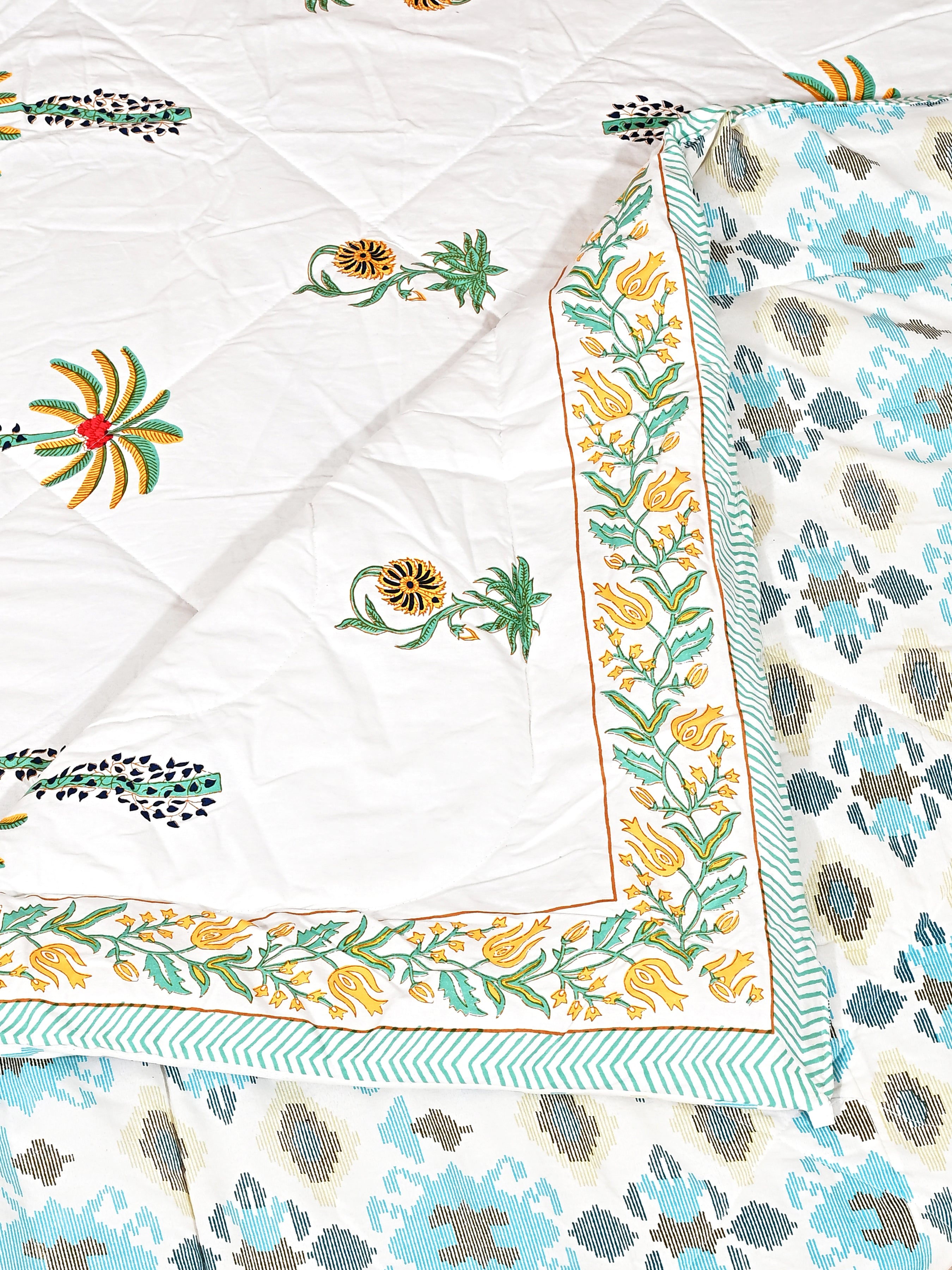 Floral Printed Bedding Set - 1 King Bedsheet, 1 Jaipuri Razai/Quilt, 2 Pillow Covers