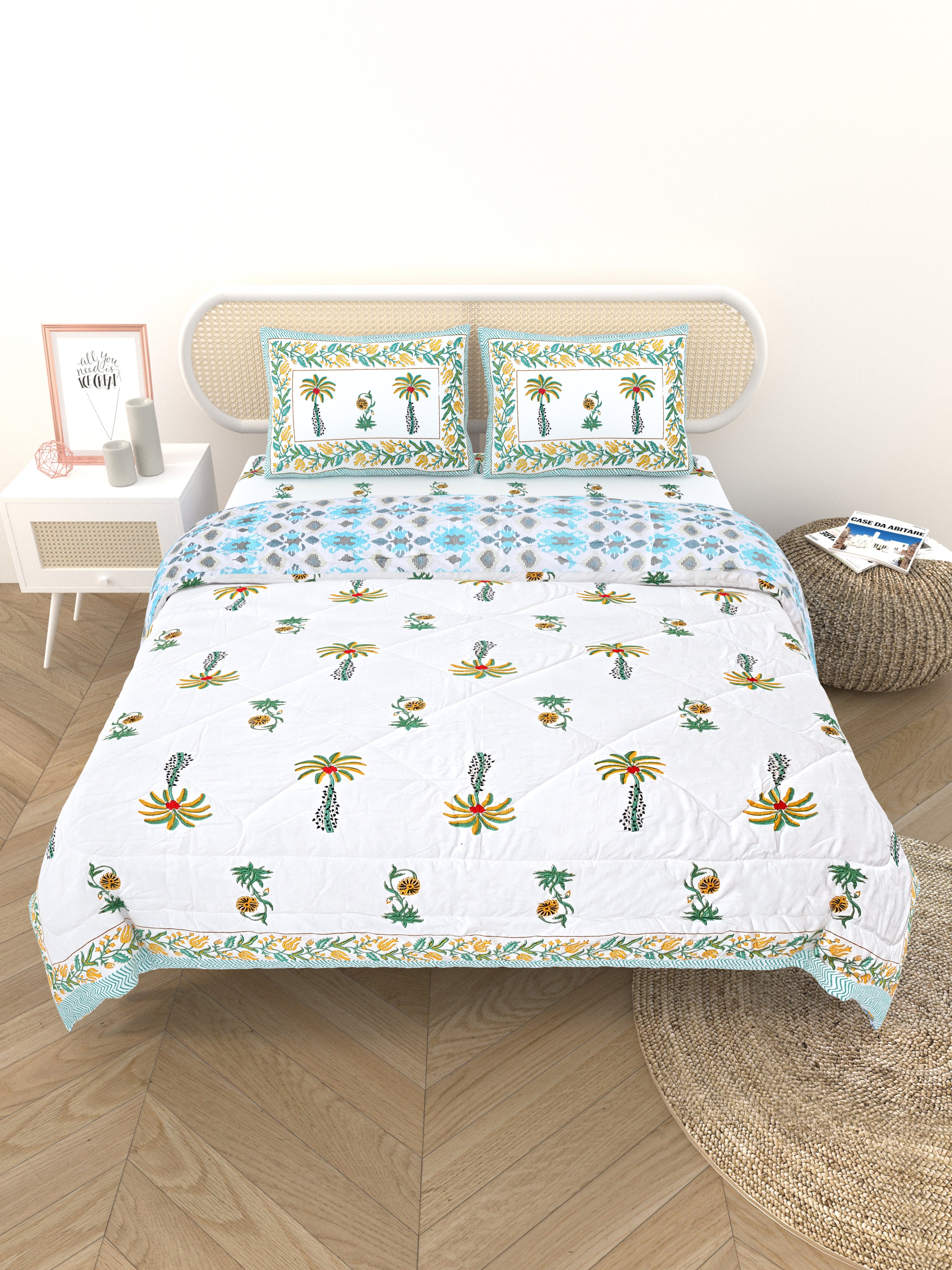 Floral Printed Bedding Set - 1 King Bedsheet, 1 Jaipuri Razai/Quilt, 2 Pillow Covers